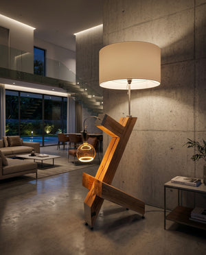 Exklusive Design-Stehlampe aus Sumpfeiche mit dimmbarem LED-Band und separater Glühbirne