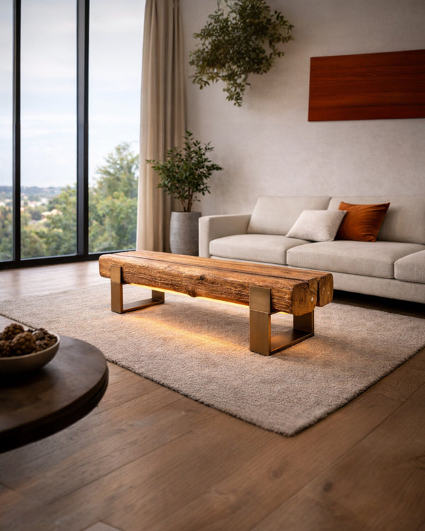 Eichenholz Sitzbank mit integrierter LED Beleuchtung neben modernem Designersofa