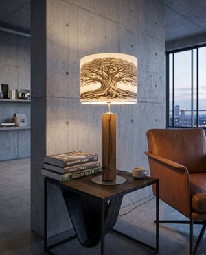 Dekorative Tischleuchte aus Holz mit echtem Baumdesign auf dem Lampenschirm