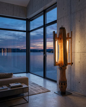 Stehlampe aus altem Holz-Schlauchhaspel mit warmem dimmbarem LED-Licht