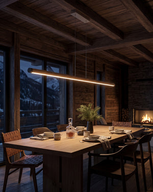 Pendellampe aus Holz mit integriertem LED-Band, Edelstahl und Aluminium
