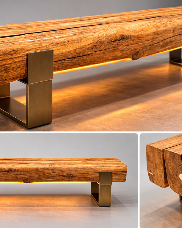 Detailaufnahme der Sitzbank aus Altholz Eiche mit natürlicher Holzstruktur