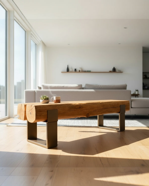 Warmes LED Licht unter handgefertigter Sitzbank aus Eichenholz