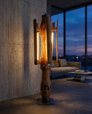 Handgefertigte Stehleuchte aus Holz-Schlauchhaspel mit dimmbarem LED-Band und Touch-Dimmer