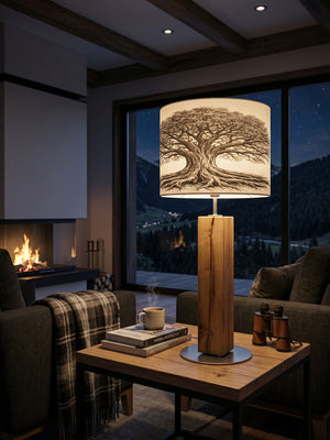 Handgefertigte Tischlampe aus Altholz Eiche mit Lampenschirm im echten Baumdesign