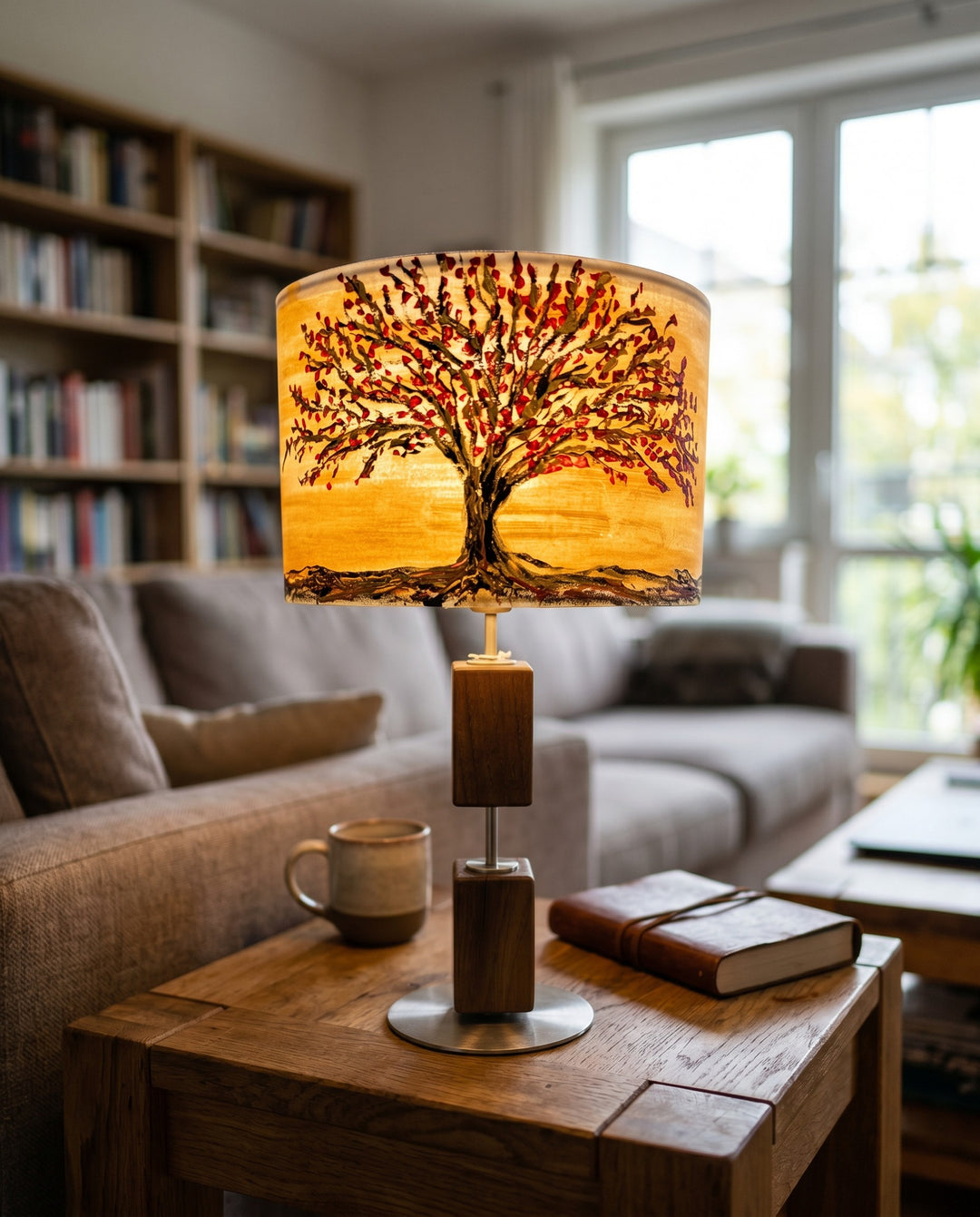 Handgefertigte Tischlampe aus Altholz Eiche mit gebürstetem Edelstahl und handbemaltem Lampenschirm in der Gesamtansicht